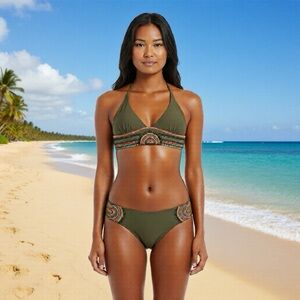 Sporty Green Bikini with Tribal Trim